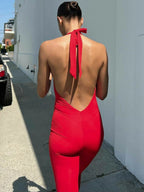 Dulzura Sleeveless Halter Backless Lace Up Jumpsuit Solid Sexy Casual Romper Party Club Streetwear Women'S Autumn Winter Clothes