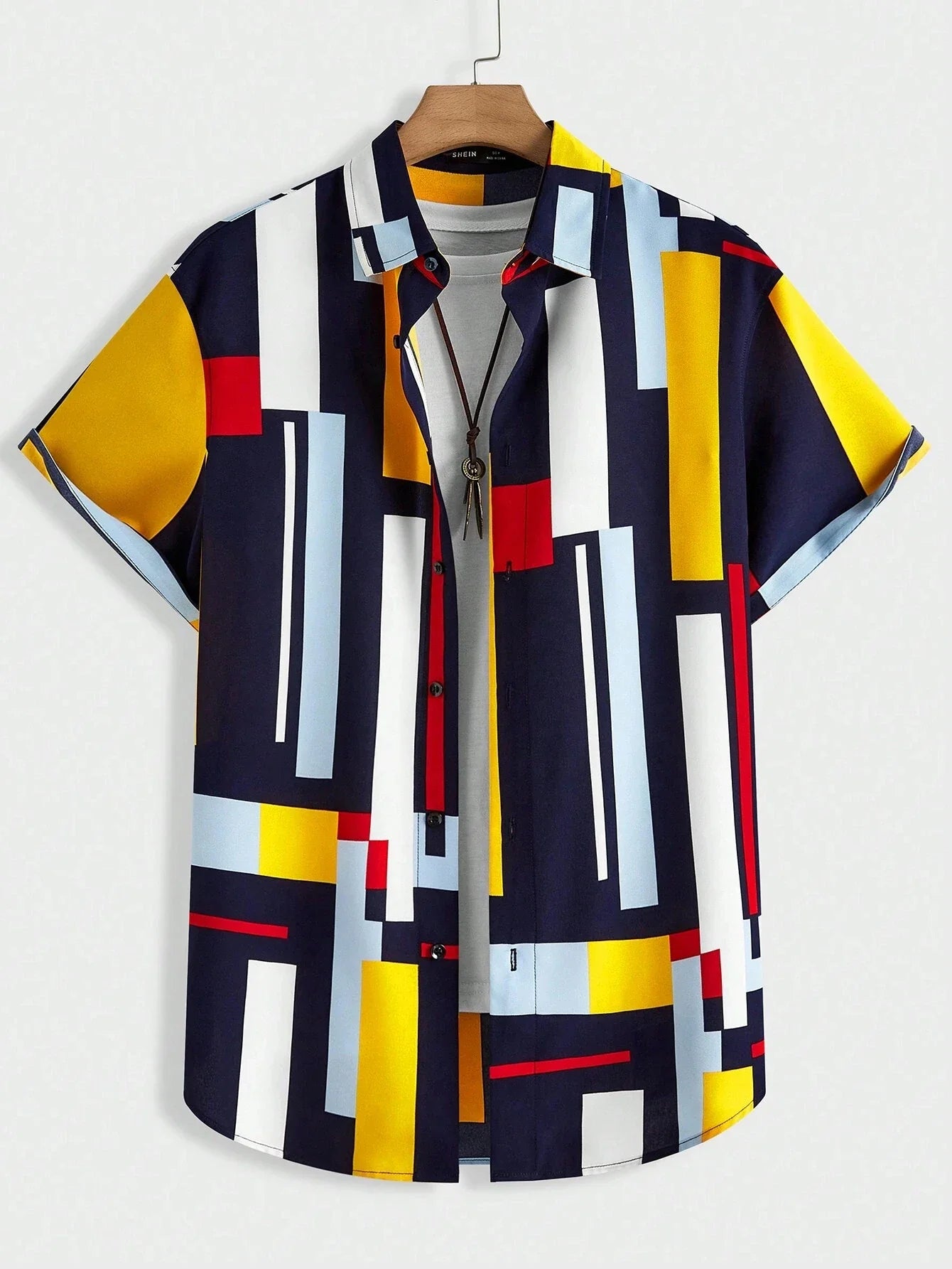 Men's And Women's Fun Block Pattern Printed Shirts Casual Design Short Sleeve Shirts Fashion Button-Ups