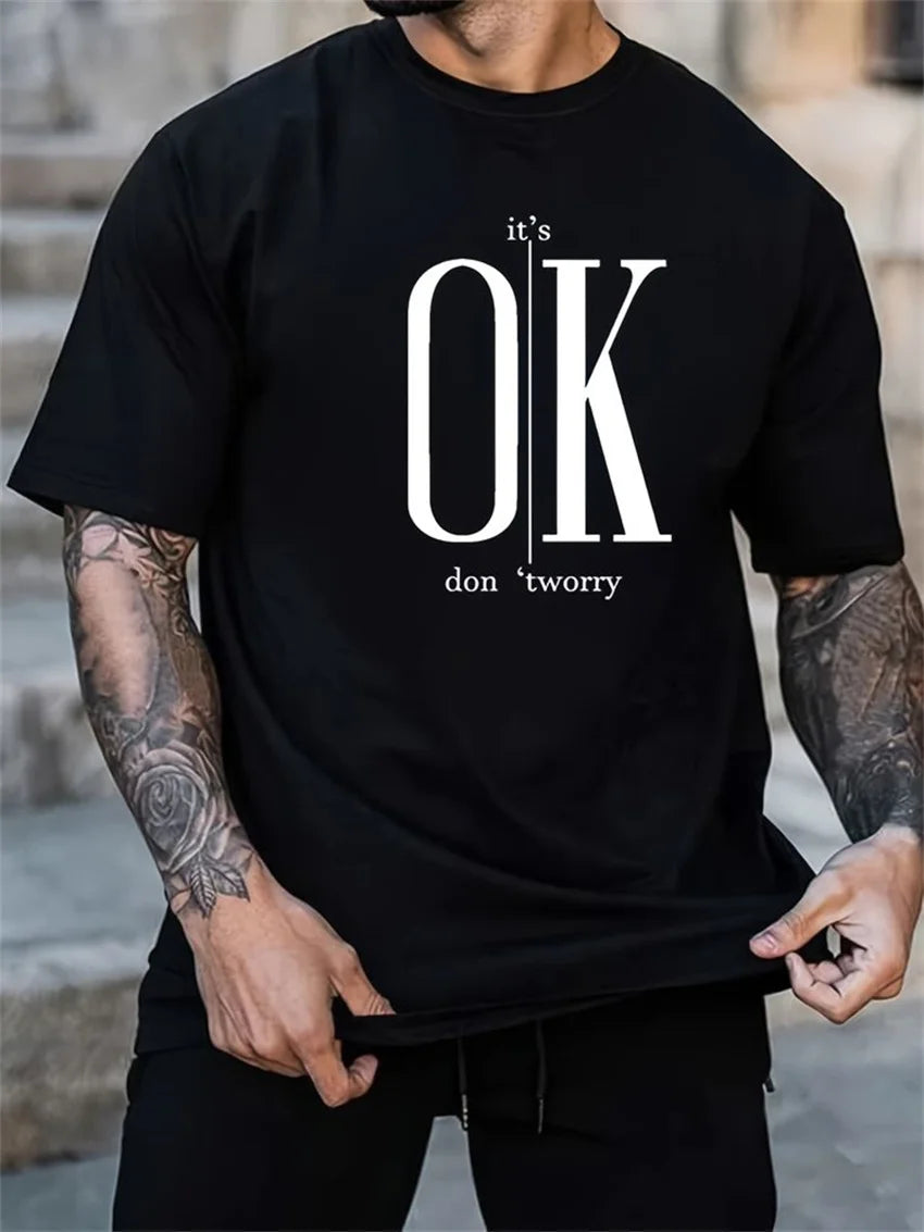 Men's 100 Cotton Summer Loose Fit   OK Printed T-shirt Tops Cool Design Street Short Sleeve Top Tee Cotton Clothing