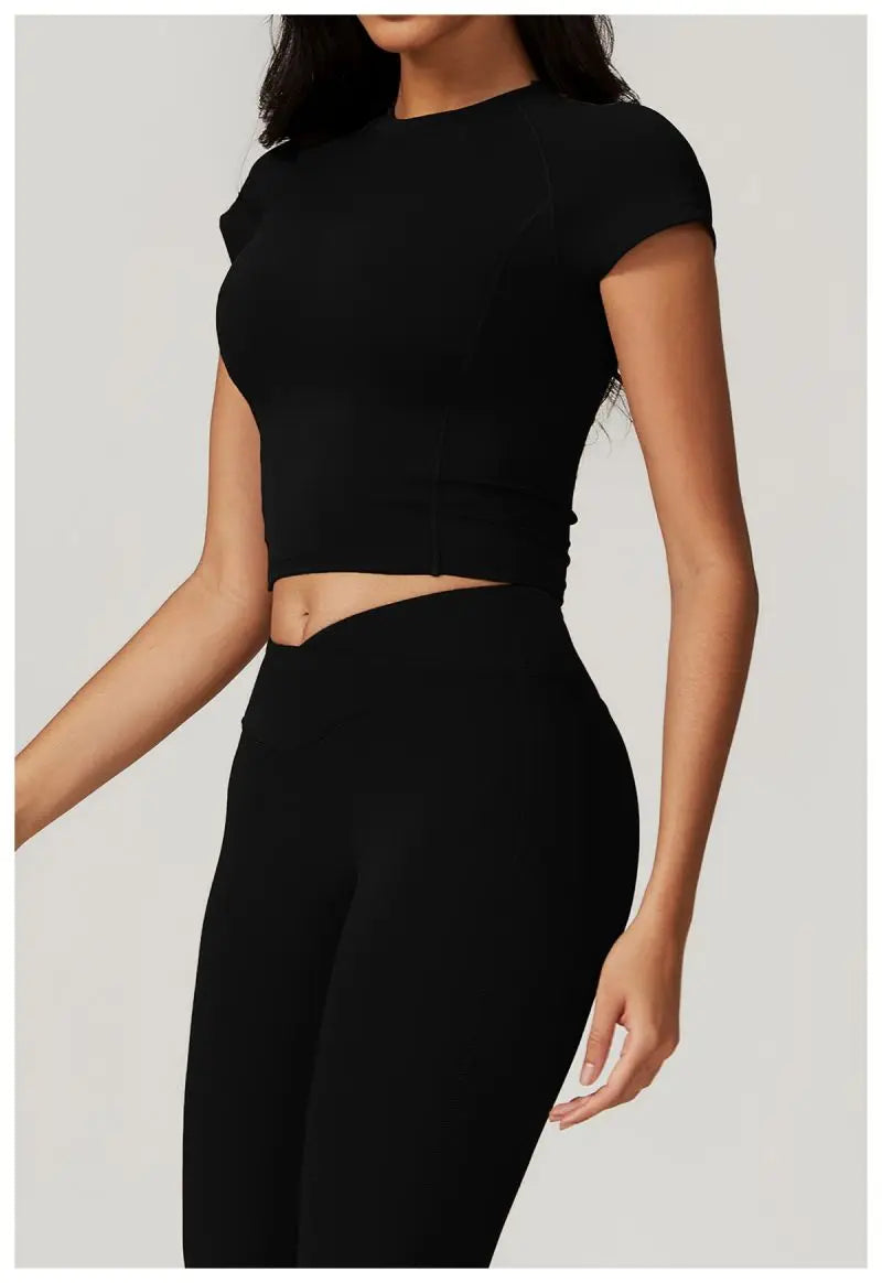 Two Piece Short Sleeve Sport Yoga Set Outfit Fitness Gym Set Workout Clothes for Women Flare Leggings Sportwear Women Tracksuit