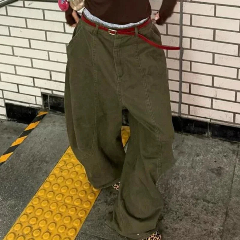 Y2K Women Streetwear Vintage Cargo Harajuku Parachute Jeans Wide Leg Gyaru American Retro Denim Pants 2000s Trousers Clothes