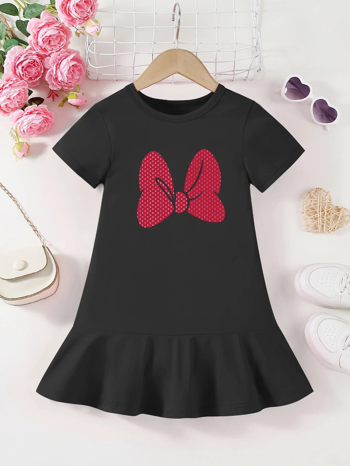 Girls' summer comfortable pattern printed ruffle edge dress, fashionable solid color versatile, suitable for outdoor leisure