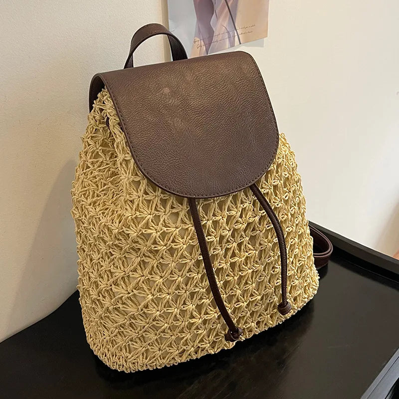 Vintage Straw Backpack Women's Fashion Shoulder Bag Versatile Straw Woven PU Leather Elegant Luxury Designer Backpack
