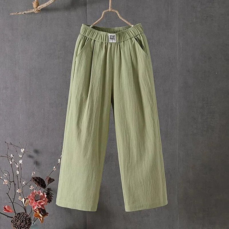 Lucyever Summer Elastic Waist Women's Pants Casual Solid Cotton Linen Ankle Length Pants Female 2023 High Quality Loose Trousers