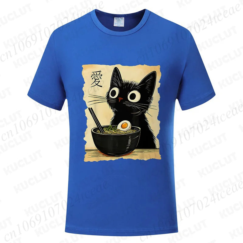 Funny Cat Ramen Graphic Tee Japanese Kawaii Anime Cat T-Shirt Fashion T-shirts Short Sleeve Clothes Trend Casual Unisex Tshirts