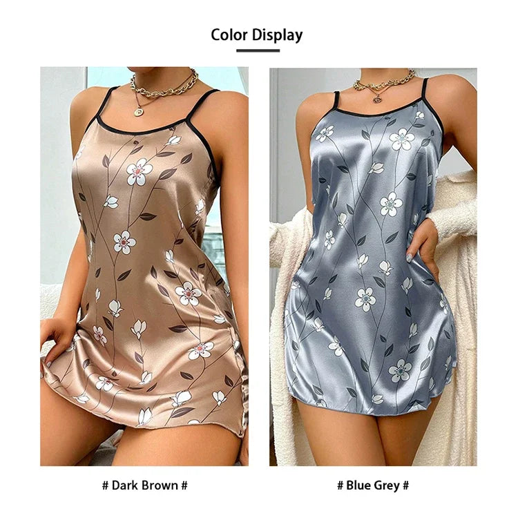 Women's Sleepwear Summer Floral Print Satin Nightgown Casual Sleeveless Backless Slip Night Dress Sexy Nightdress Home Clothes