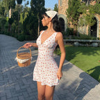 Hugcitar 2024 Cherry Print Straps Backless Draped Sexy Bodycon Mini Dress Summer Women Elegant Clothes Birthday Party Vacation