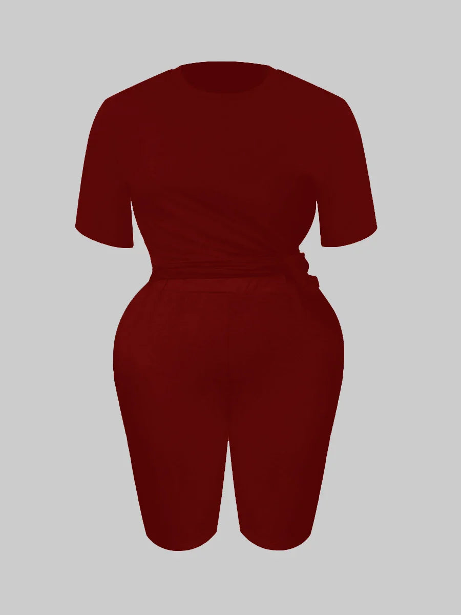 LW BASICS Plus Size Two Pieces Sets Round Neck Skinny Shorts Set 2024 NEW IN Matching Sets Summer Short T-shirt + Short Sets