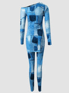 LW Plus Size Two piece set Figure Print Striped Split Pants Set One Shoulder Long Sleeve sexy women suit Streetwear Tracksuit