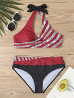 V Neck Bikini Set 2024 Women Stripe Print Patchwork Swimwear Summer Beachwear Swimsuit Female Bathers Bathing Swimming Suit 2XL