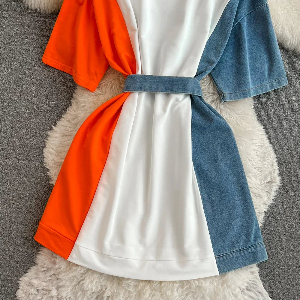 XFPV 2025 Summer Fashion Short Sleeve Round Neck High Waistband Slim A-line Denim Printed Patchwork Dress For Women SM11498