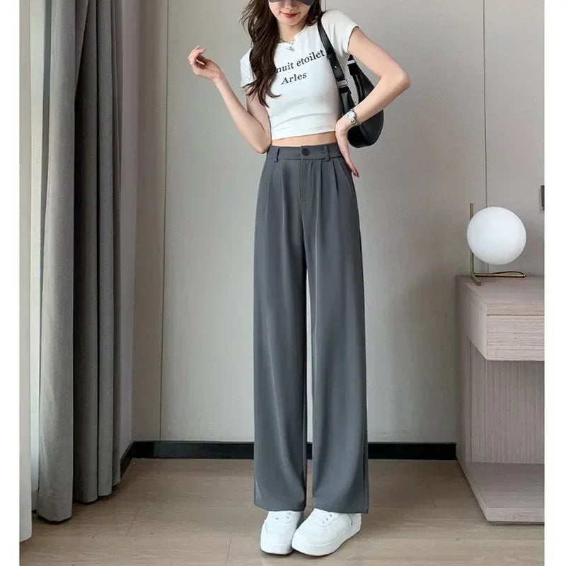 Women Full Length Pants Lady Baggy High Waist Wide Leg Solid Color Trousers Lady Straight Leg Mom Classic Office Pants Slacks