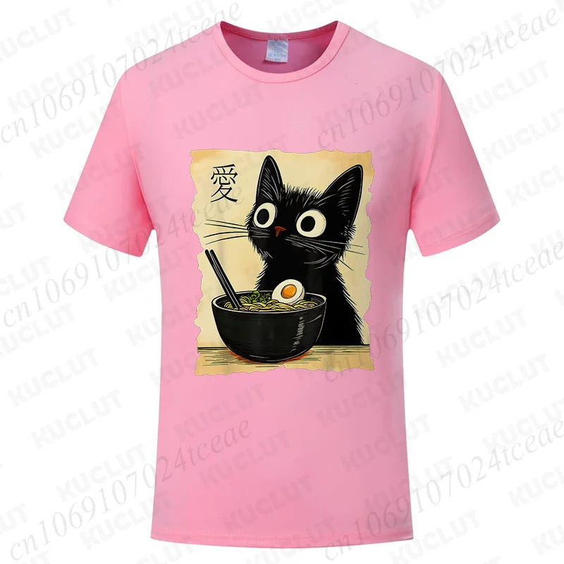 Funny Cat Ramen Graphic Tee Japanese Kawaii Anime Cat T-Shirt Fashion T-shirts Short Sleeve Clothes Trend Casual Unisex Tshirts