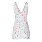 Hugcitar 2024 Cherry Print Straps Backless Draped Sexy Bodycon Mini Dress Summer Women Elegant Clothes Birthday Party Vacation