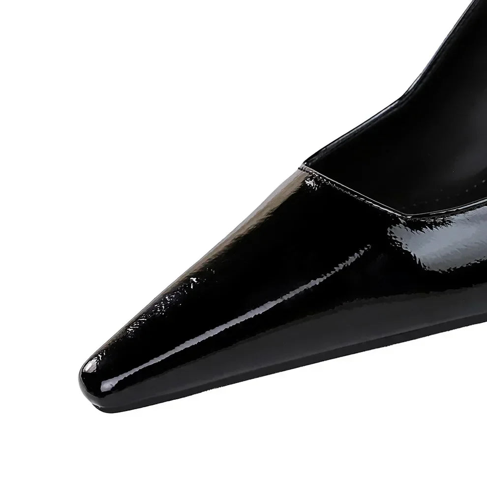 Women 6cm High Heels Retro Streetwear Catwalk Sandles Lady Daily Work Slingback Strap Elastic Mid Heels Glossy Leather Sandals