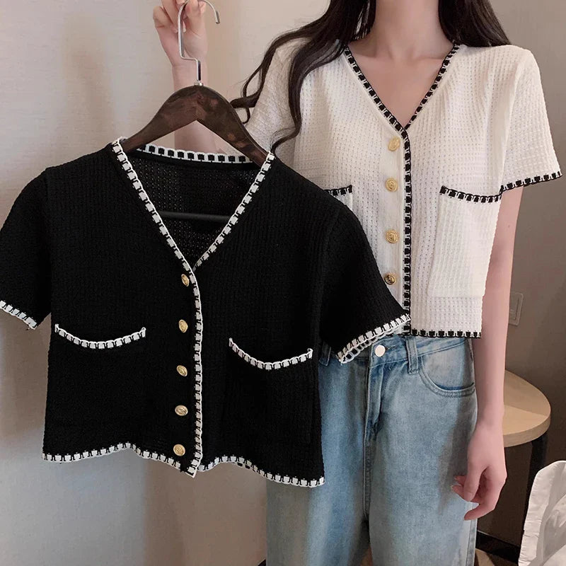 Summer Women New Solid V-Neck Casual Crop Top Single-breasted Pocket Patchwork Cardigan Versatile Loose Short Sleeve Shirts 2025