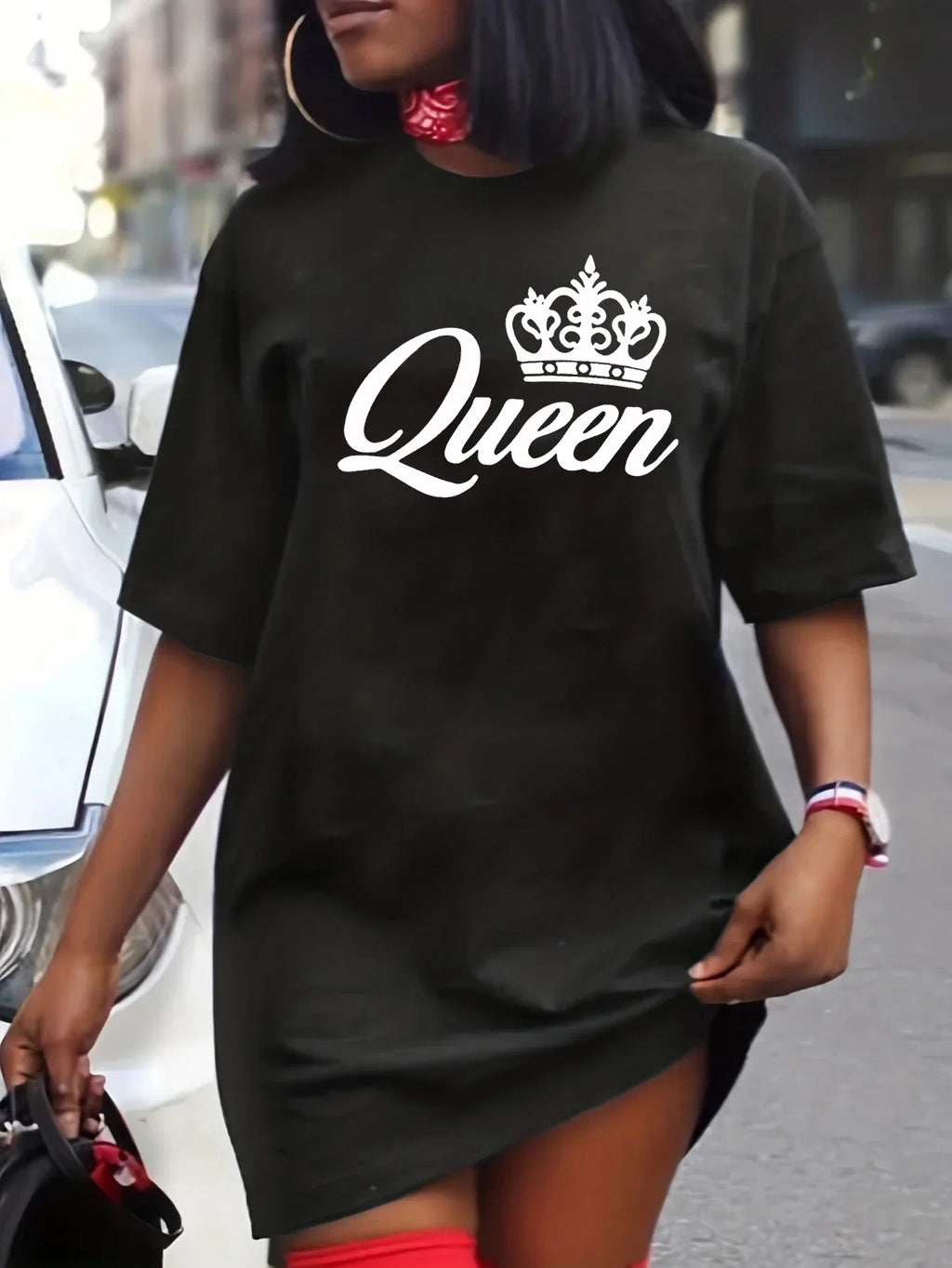 Women's Summer Casual Queen Print Loose Size Round Neck Short Sleeve T-shirt Dress