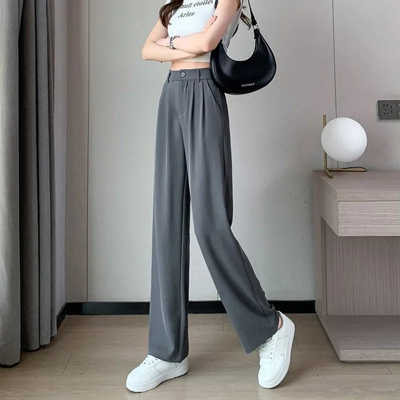 Women Full Length Pants Lady Baggy High Waist Wide Leg Solid Color Trousers Lady Straight Leg Mom Classic Office Pants Slacks