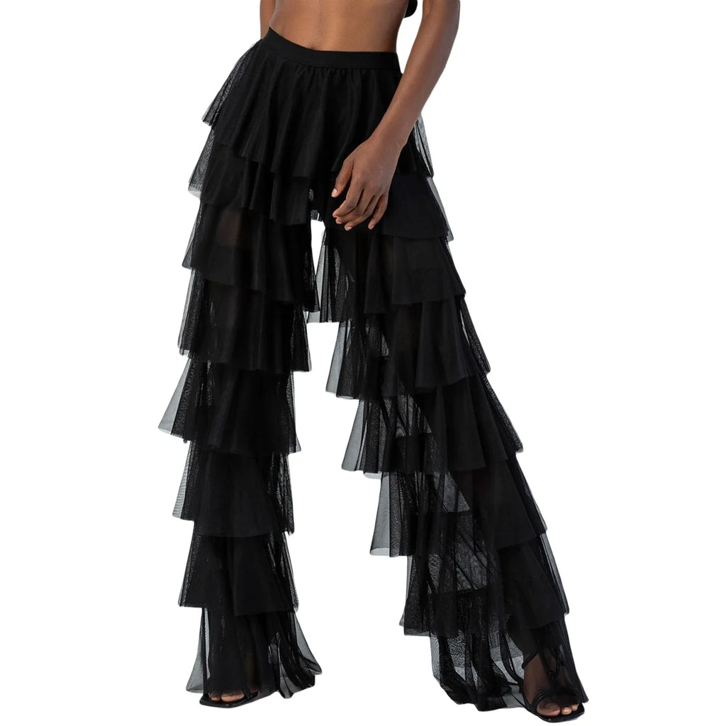 Women Wide Leg Pants High Waist Layered Tulle Pants Loose Beach Long Trousers Streetwear