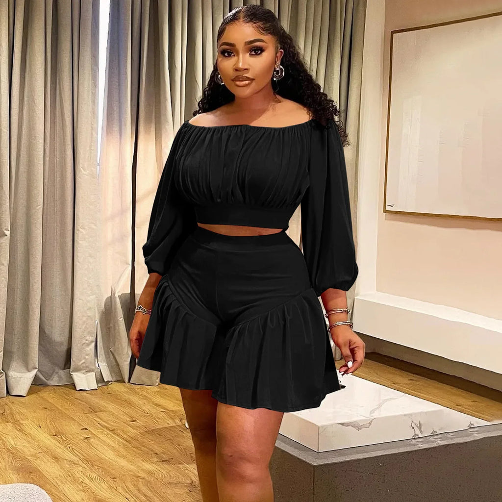 CM.YAYA Plus Size Women's Set Long Sleeve Slash Neck T-Shirt and Shorts 2025 Summer Ruched Two 2 Piece Set Outfits Tracksuit