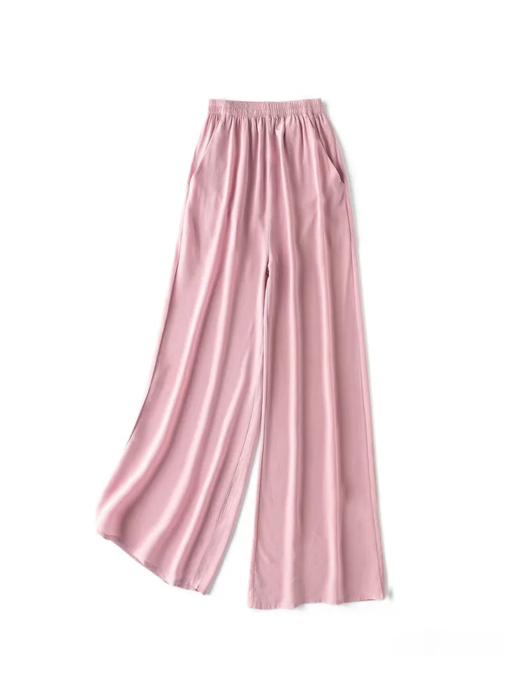 SuyaDream Women Wide Leg Pants 100%Real Silk Solid Elastic Waisted Ankle-length 2024 Office Spring Autumn Chic Trousers Black