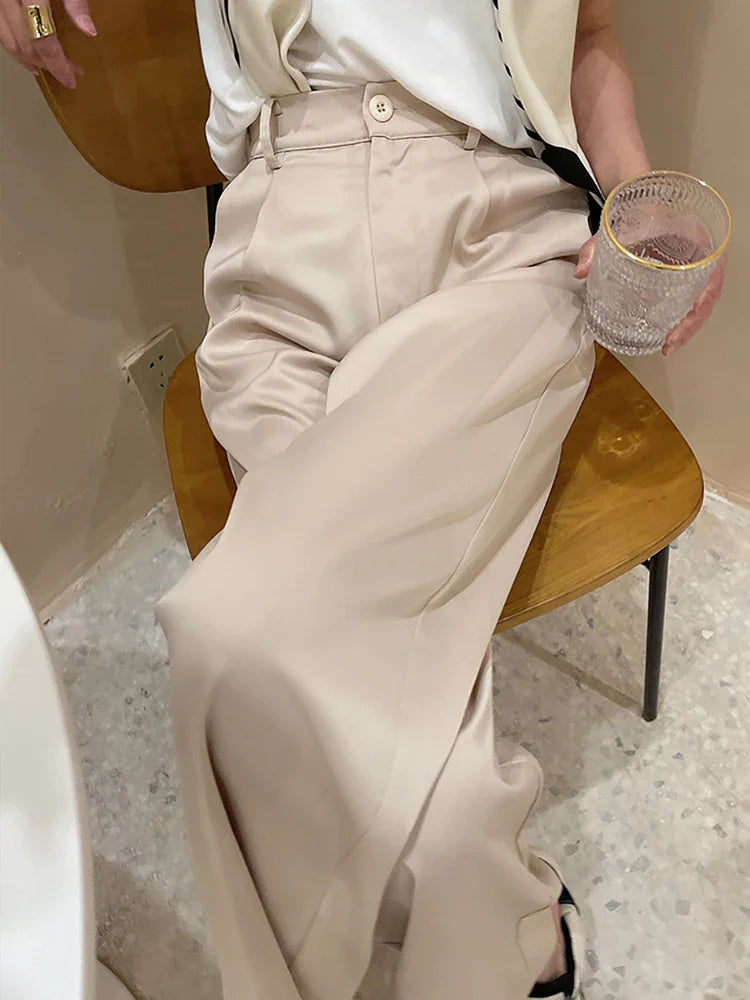 Garemay Summer Autumn Women's Pants Loose Solid Classic Black Straight High Waist Casual Silk Satin Wide Leg Trousers for Women