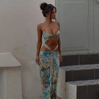 Women Sexy Printed Vestidos Chic Sleeveless Hollow Out Halter Bodycon Mini Dress 2025 Ladies Beach Seaside Vacation Bohemia Wear