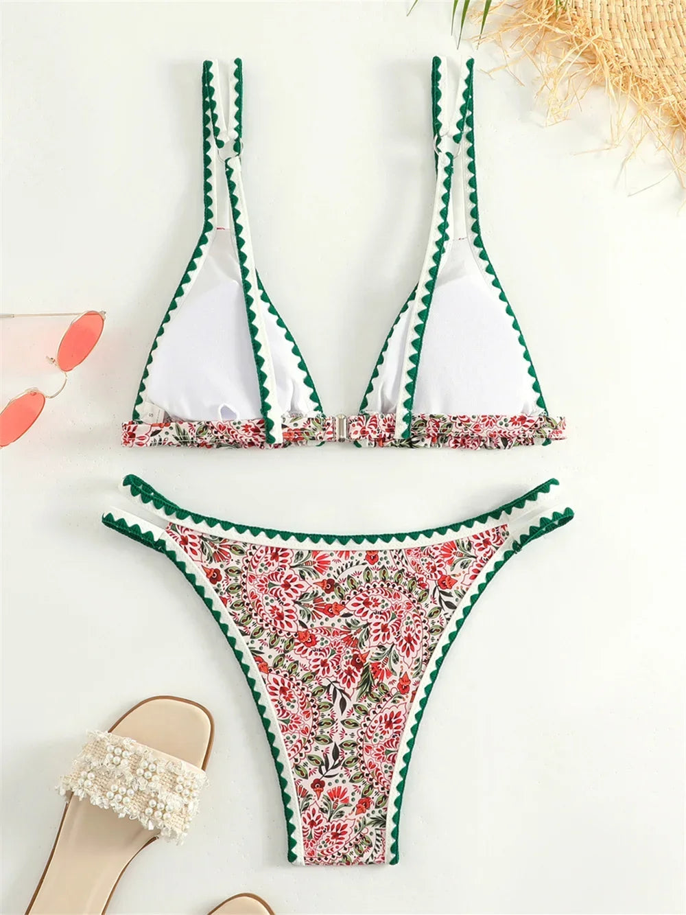 Trend Print Bikini Bordered Straps Swimsuit Thong Push Up Y2K Boho Swimwear Kawaii Women Two Piece Brazil BeachWear Bathing Suit