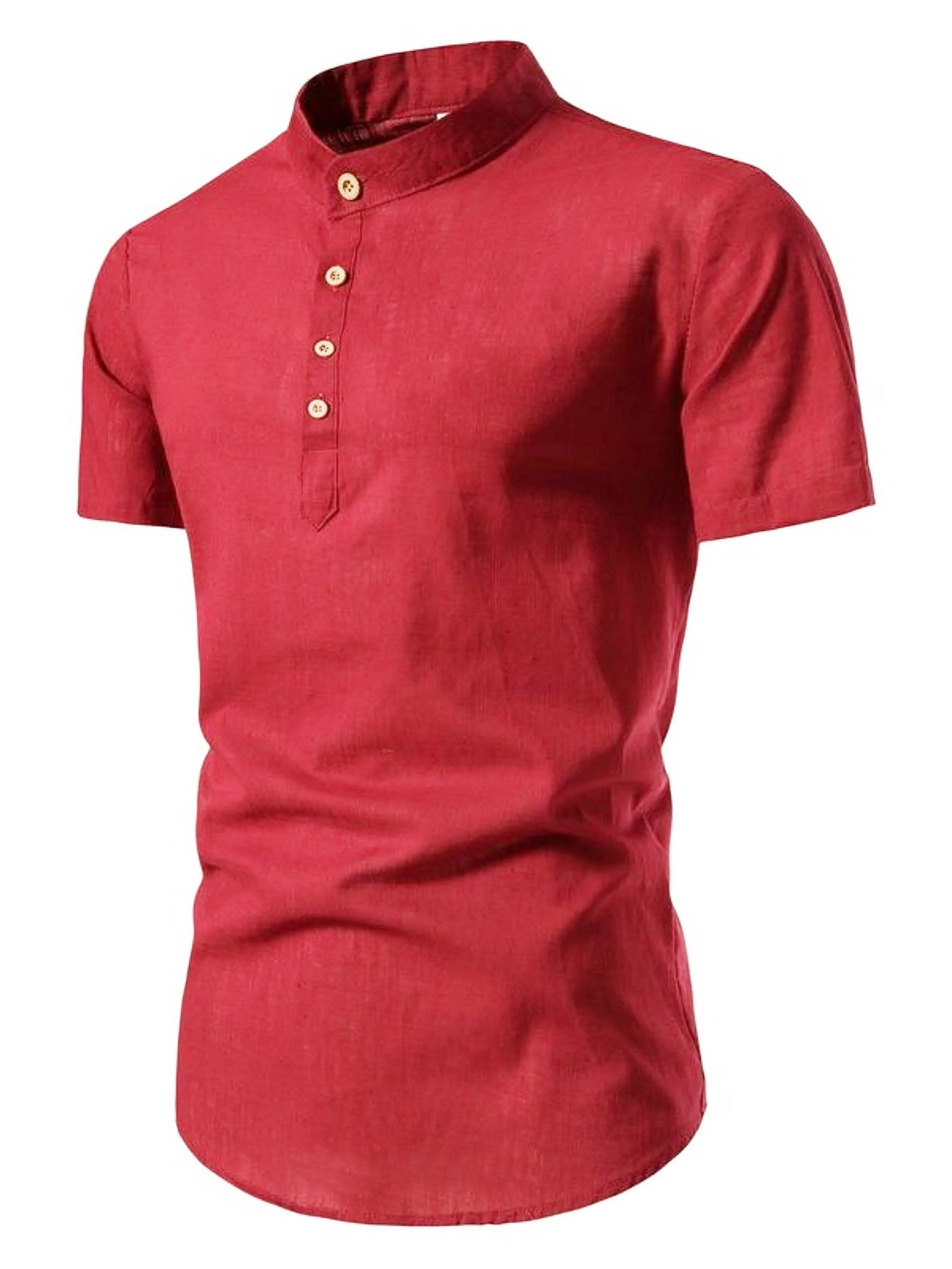 Fashionable short-sleeved cotton shirt with stand-up collar for summer outdoor activities. Men's solid color casual shirt