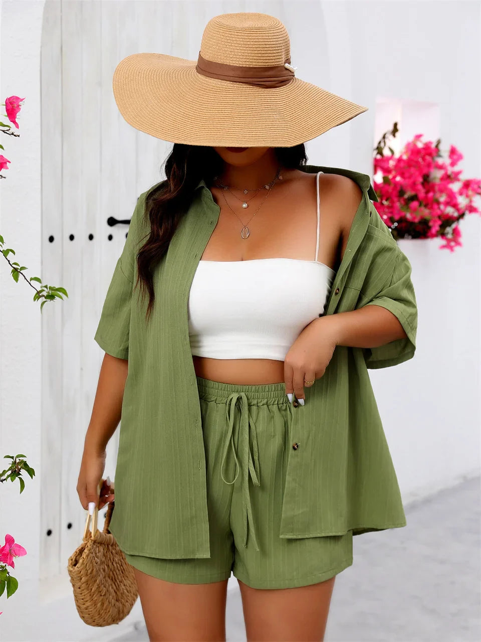GIBSIE Plus Size Holiday Two Piece Set Women Summer Short Sleeve Button Down Shirt With Pockets Solid Elastic Waist Shorts Sets