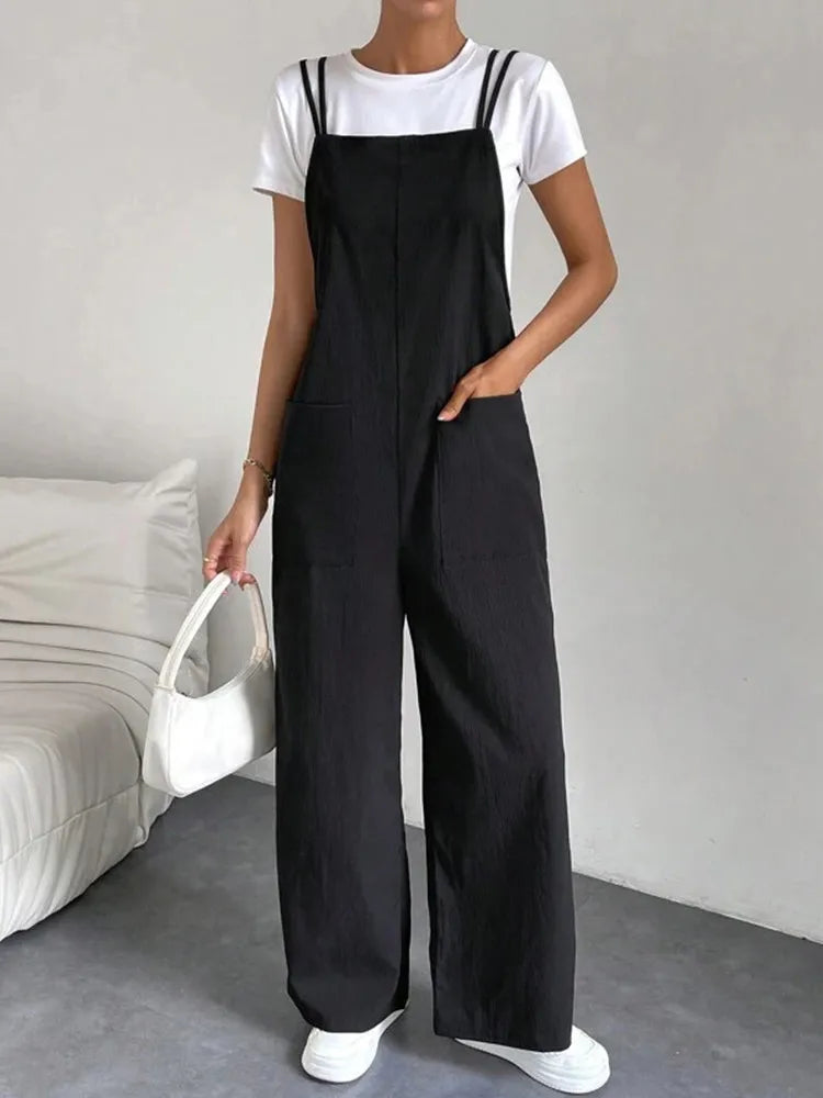 European and American Suspender Jumpsuit Women's 2024 Summer New Fashion Casual Solid Long Wide Leg Women Overalls Jumpsuit