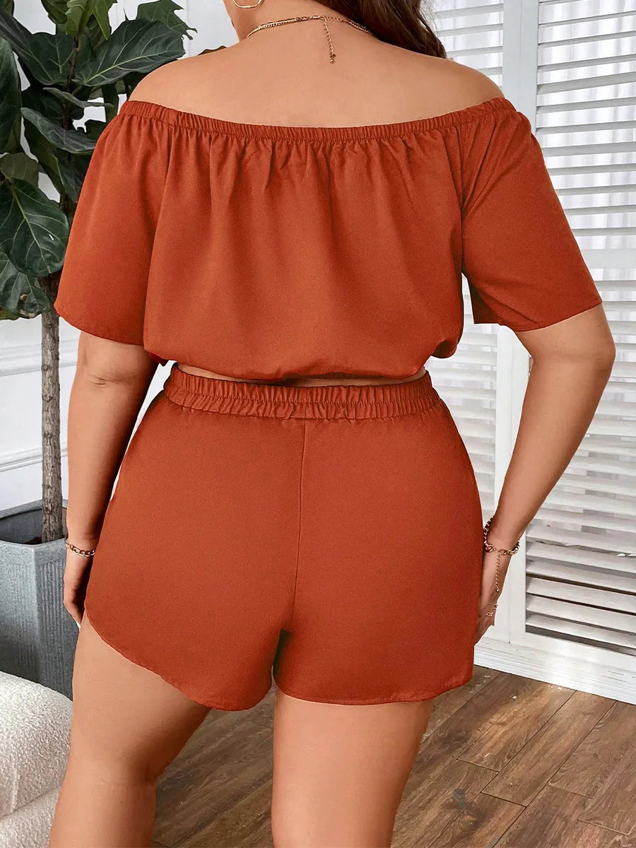 New Plus Size Women's Clothing New Casual One-shoulder Decorative Buckle Solid Colour Loose Short Sleeve Two-piece Set