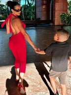 Dulzura Sleeveless Halter Backless Lace Up Jumpsuit Solid Sexy Casual Romper Party Club Streetwear Women'S Autumn Winter Clothes