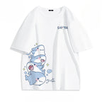 Summer Ice Silk Blue Top Youth Breathable Half Sleeve Large Loose Tee Men's Cute Shark Cartoon Print Short Sleeve T-shirt