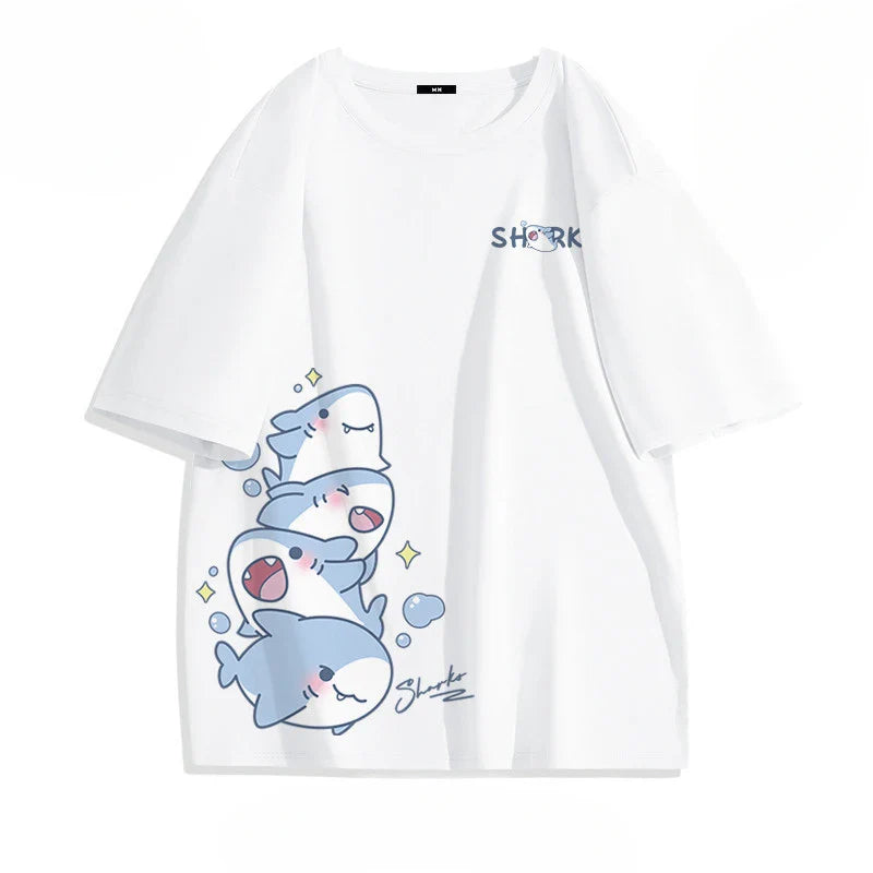 Summer Ice Silk Blue Top Youth Breathable Half Sleeve Large Loose Tee Men's Cute Shark Cartoon Print Short Sleeve T-shirt
