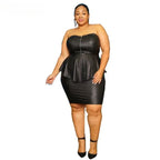 Waterarea Plus Size Elegant Faux Leather Bodycon Midi Skirt Suit  Women Strapless Zipper Fly Ruffles Top Two 2 Piece Set Outfits