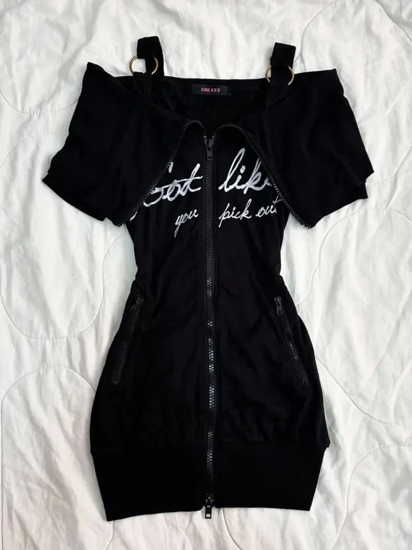 Elegant Party Woman Dresses Vintage Short sleeve Zipper Bag hip Skirt Sexy Girl Green Dress Gothic Letter Sling Short Skirt Y2k