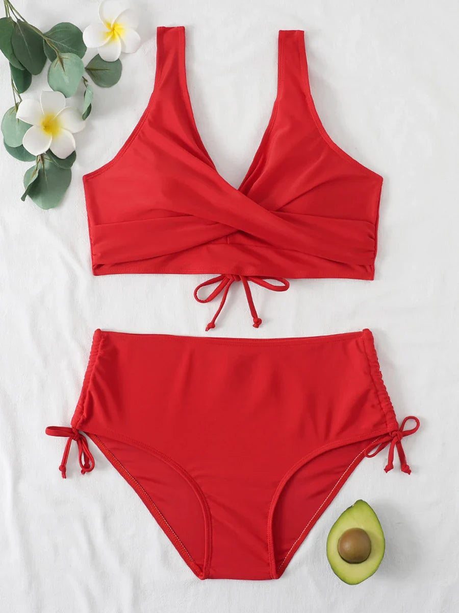 Drawstring High Waist Bikini 2023 Women Solid Swimwear Female Cross Front Swimsuit Padded Beachwear Bather Bathing Swimming Suit