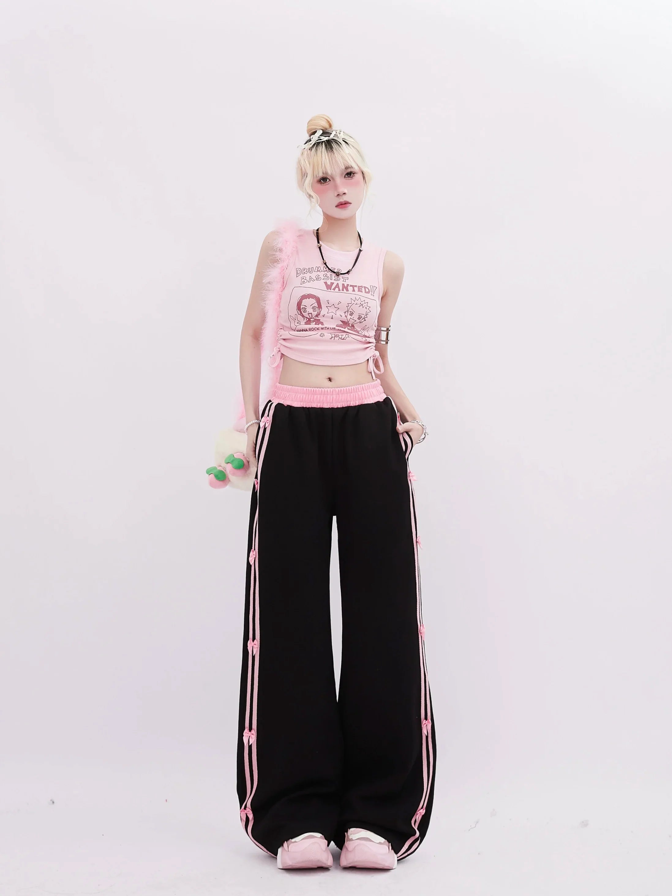 Women's Black Gothic Striped Pants Harajuku Streetwear Sweatpants Jogger Y2k 2000s Aesthetic Bow Pants Vintage Trousers Clothes