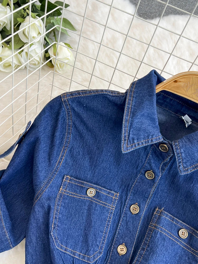 XFPV Women's Sweet Short Denim Dress For Women  Belt Slim Short Sleeved Vestidos Korean Fashion Spring Summer 2025 SM11153