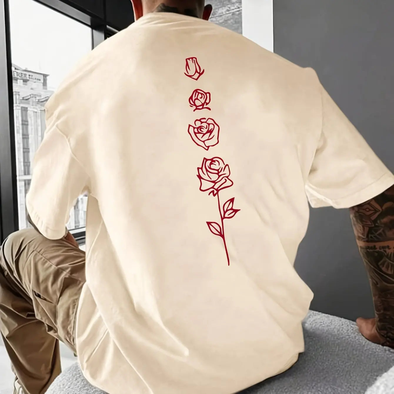 Men's Summer Loose Fit  100 Cotton Rose pattern Print T-shirt Tops