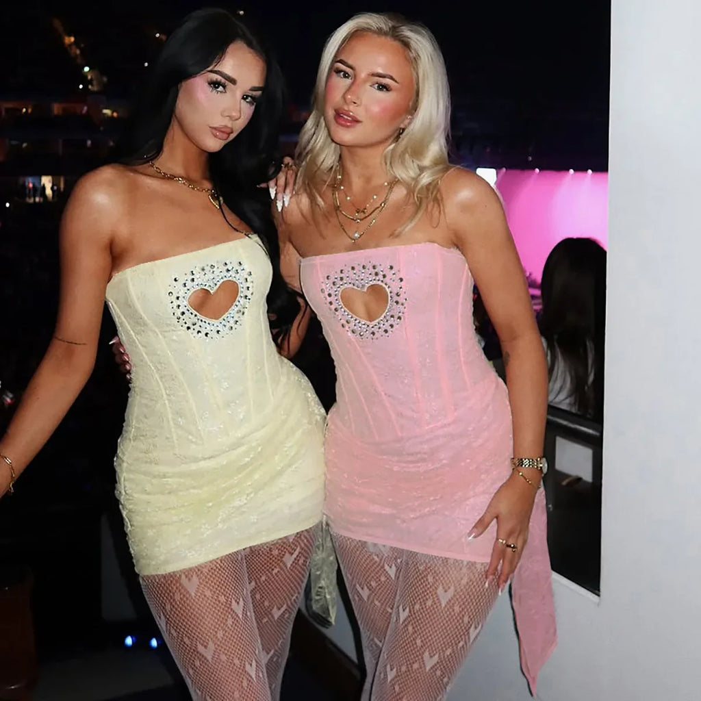 Woman Clothing Rhinestones Loving Heart Cut Out Party Dress Chic Strapless Off Shoulder Bandage Short Evening Gowns Club Dress