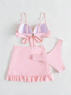 Cute Pink Ruched Swimwear Push Up Bandage Bikini Thong Pleated Swimsuit 3 Piece Women's Skirt Beach Outfits Bikinis Bathing Suit