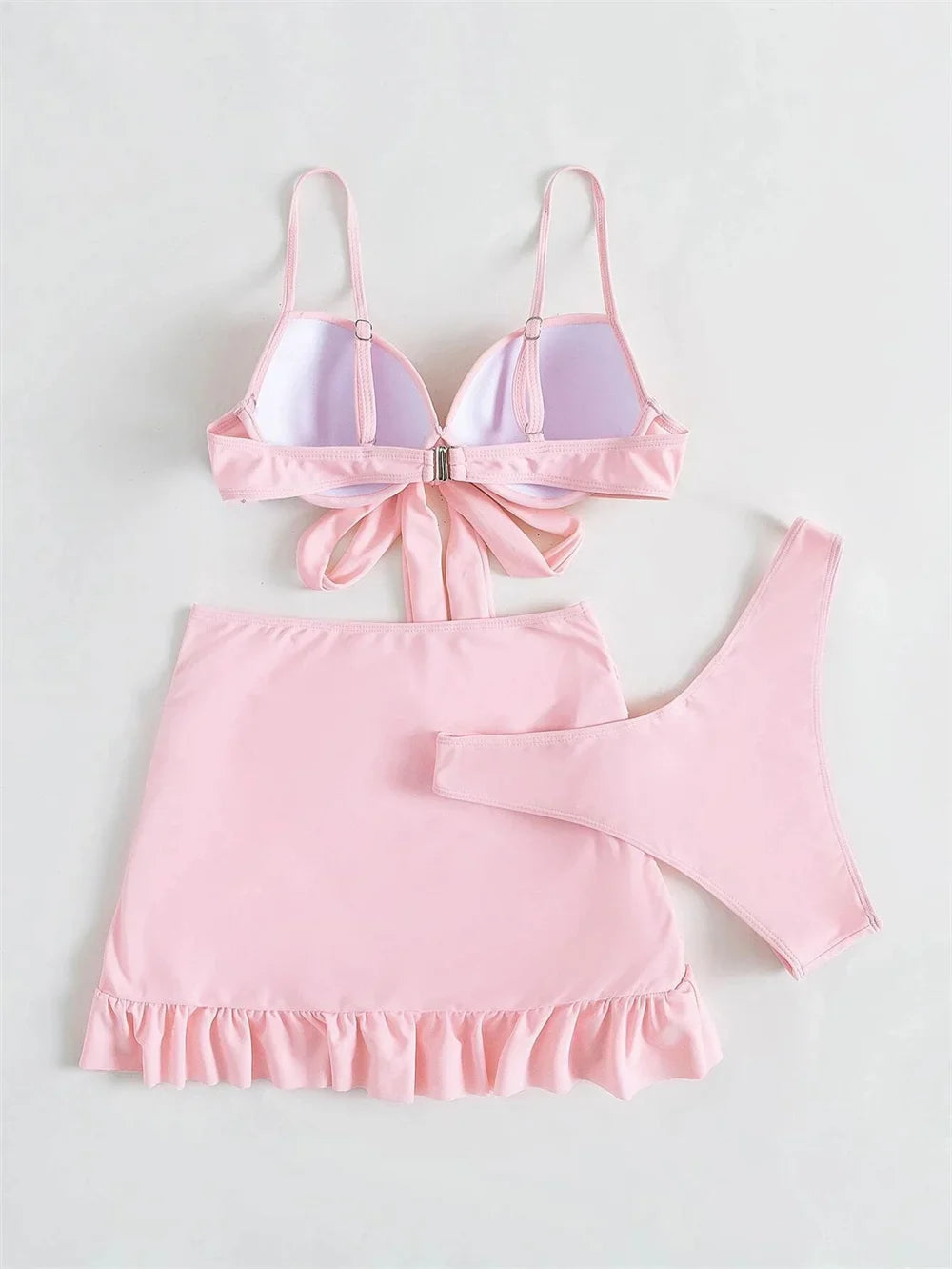 Cute Pink Ruched Swimwear Push Up Bandage Bikini Thong Pleated Swimsuit 3 Piece Women's Skirt Beach Outfits Bikinis Bathing Suit