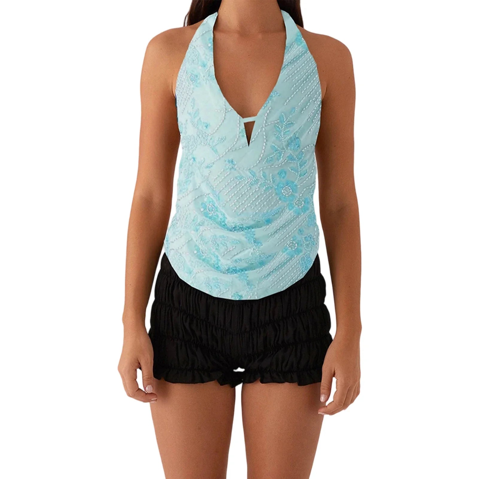 Elegant  Sequins Patchwork Women Halter Tops Summer Beaded Floral Pattern Backless Shirts Vest for Streetwear Aesthetic  Clothes