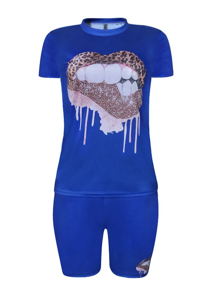 Wmstar Plus Size Two Piece Outfits for Women Tracksuit Shorts Sets  Lip Print Top Casual New In Matching Wholesale Dropshipping