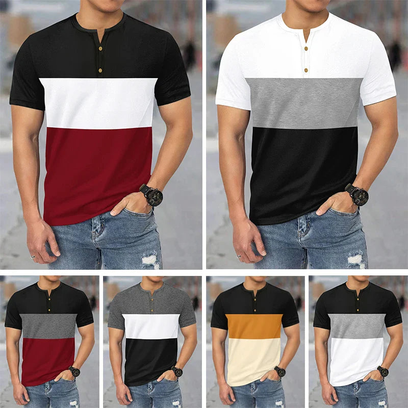 Henry Collar T-Shirt Men Summer Casual Short Sleeve Tops 3-color Patchwork Tees Sweatshirt Comfortable Breathable Men's Clothing