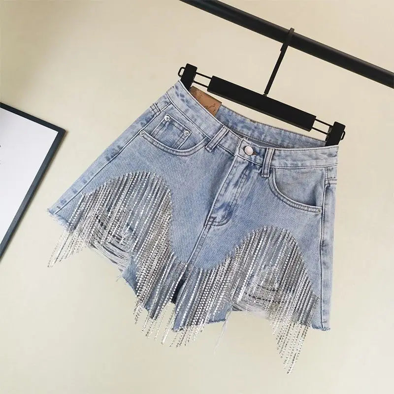 Chain Jeans Women's 2022 Summer New High Waist Slim Sexy Shorts Heavy Beading Ladies Denim Shorts Women Fashion