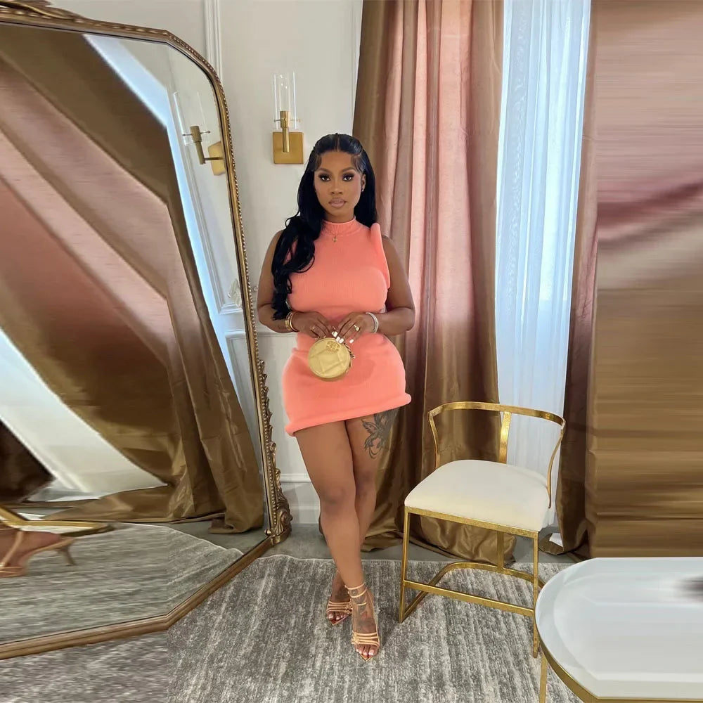 CM.YAYA Women Stand Collar Sleeveless Bodycon Midi Dress 2024 Summer Solid Evening Party Club Fashion Dresses Vestidos