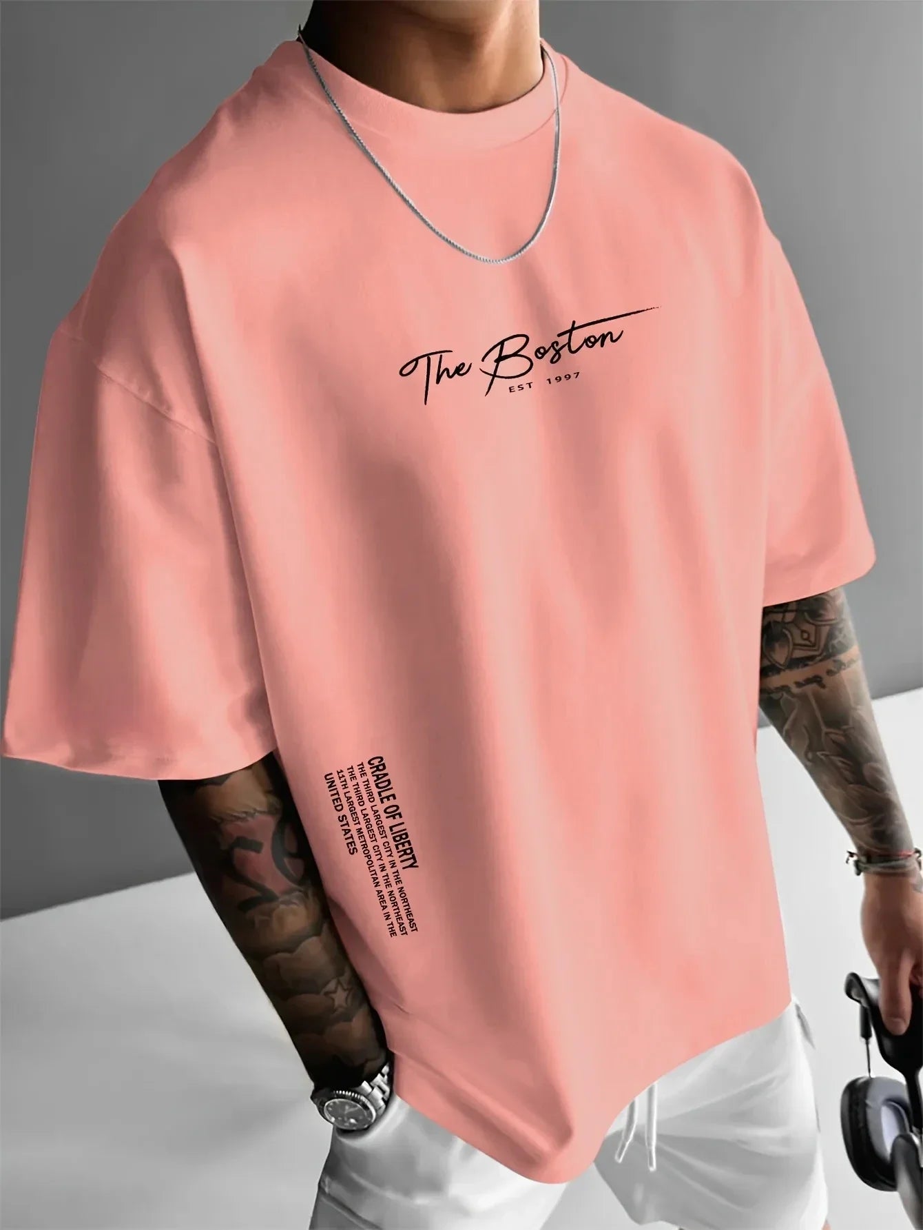 Men's Casual Fashion T-shirt Printed Cotton Boston Slogan Letter Crew Jumper Summer Daily Outdoor Sports Leisure Sports